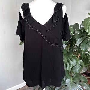 #7) NWT Belldini  Ruffle chest with gold beads cold shoulder top Size M